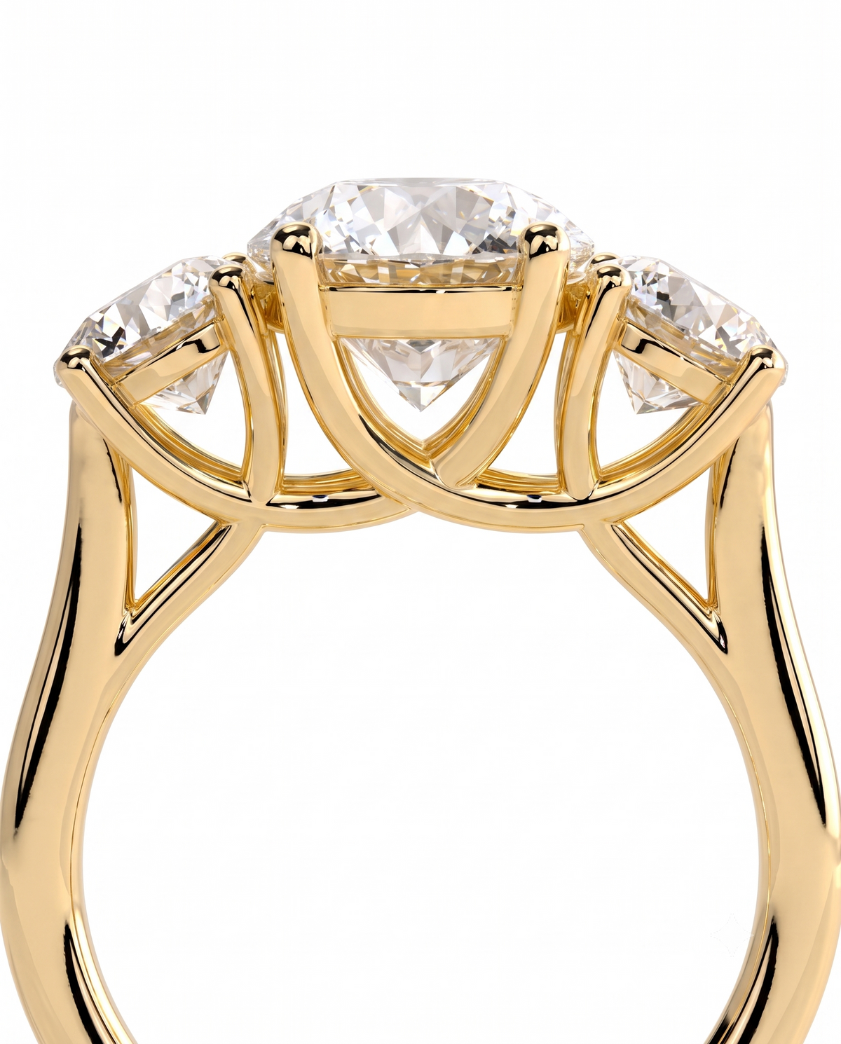color_10K_YG, color_14K_YG &&	
A close-up studio shot of a yellow gold ring featuring a three-stone cluster setting with a large oval center stone and smaller round side stones, shown against a plain white background.