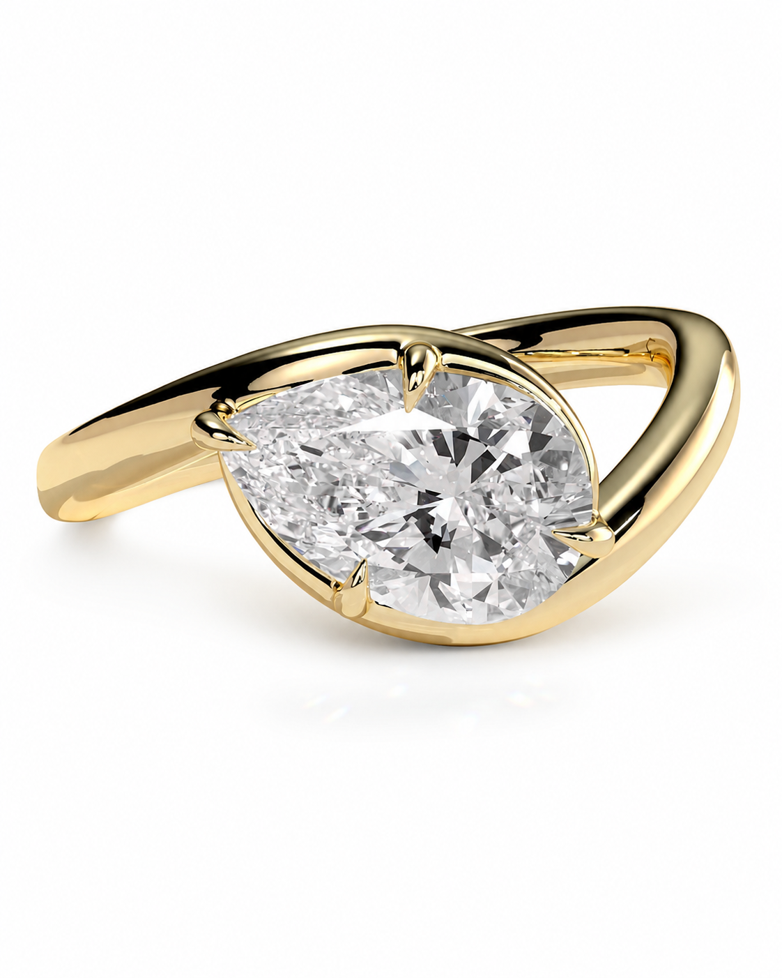 color_10K_YG, color_14K_YG &&
A yellow gold ring featuring a large marquise-cut clear gemstone in a prong setting, with a curved, twisted band design, shown on a white background.