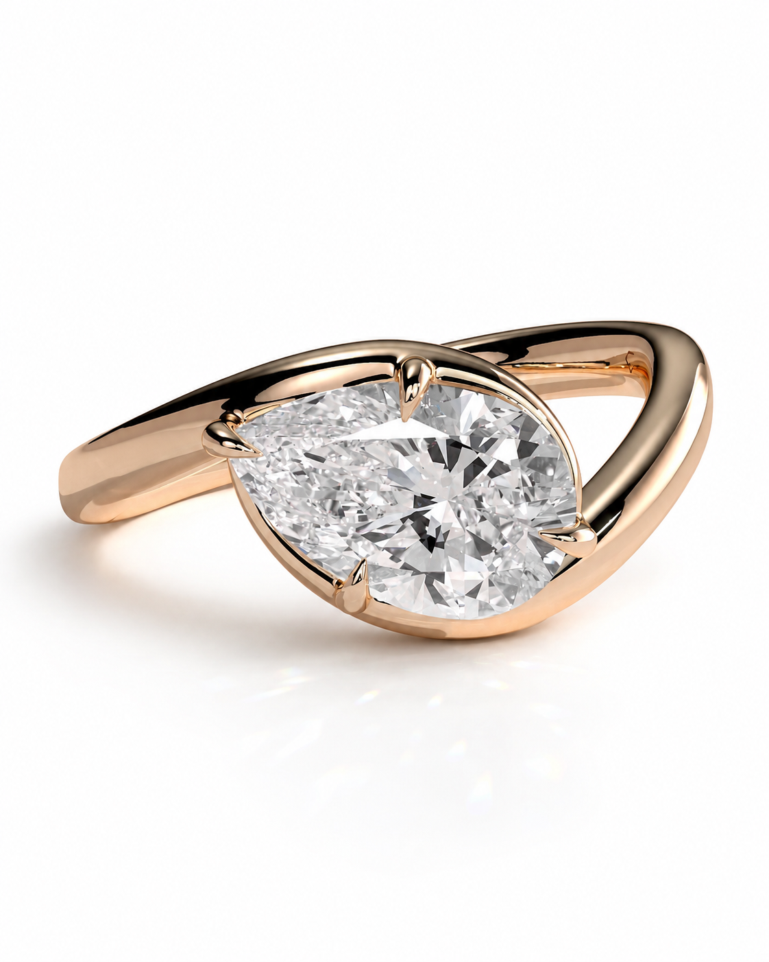 color_10K_RG, color_14K_RG &&
A rose gold ring featuring a large, round brilliant-cut diamond set in a unique, intertwined band design, shown on a clean white background.