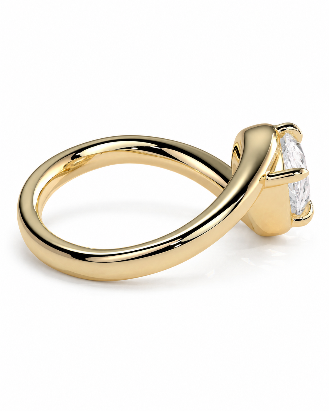 color_10K_YG, color_14K_YG &&
A yellow gold ring with a curved, twisted band and a bezel-set clear gemstone, shown on a clean white background.