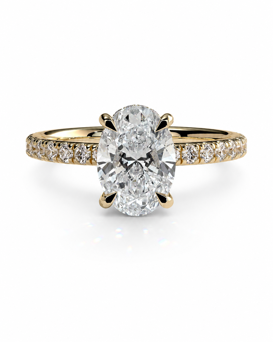 color_10K_YG, color_14K_YG &&	
An oval-cut diamond engagement ring with a yellow gold band paved with small round diamonds, shown on a clean white background.
