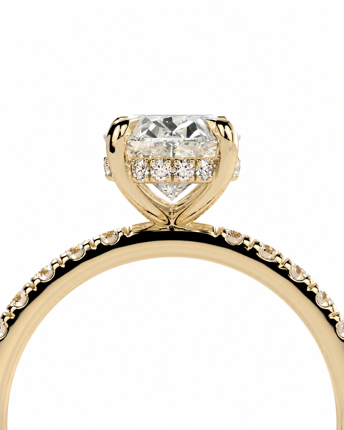 color_10K_YG, color_14K_YG &&	
A close-up of a yellow gold engagement ring featuring a heart-shaped diamond center stone with smaller diamonds along the band, set against a plain white background.