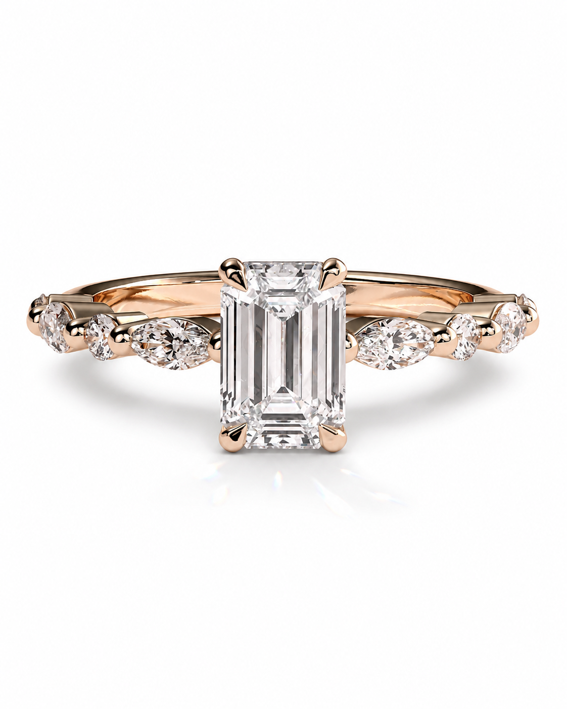 color_10K_RG, color_14K_RG &&	A rose gold engagement ring featuring a large emerald-cut diamond center stone and smaller round diamonds along the shoulders, set against a clean white background.
