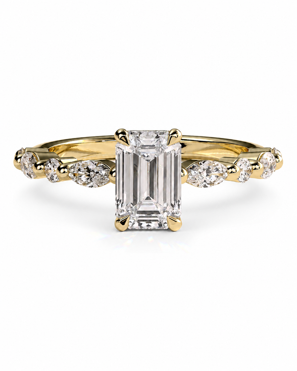 color_10K_YG, color_14K_YG &&	
A yellow gold engagement ring featuring a large emerald-cut diamond center stone and smaller round diamonds set along the shoulders, shown on a clean white background.
