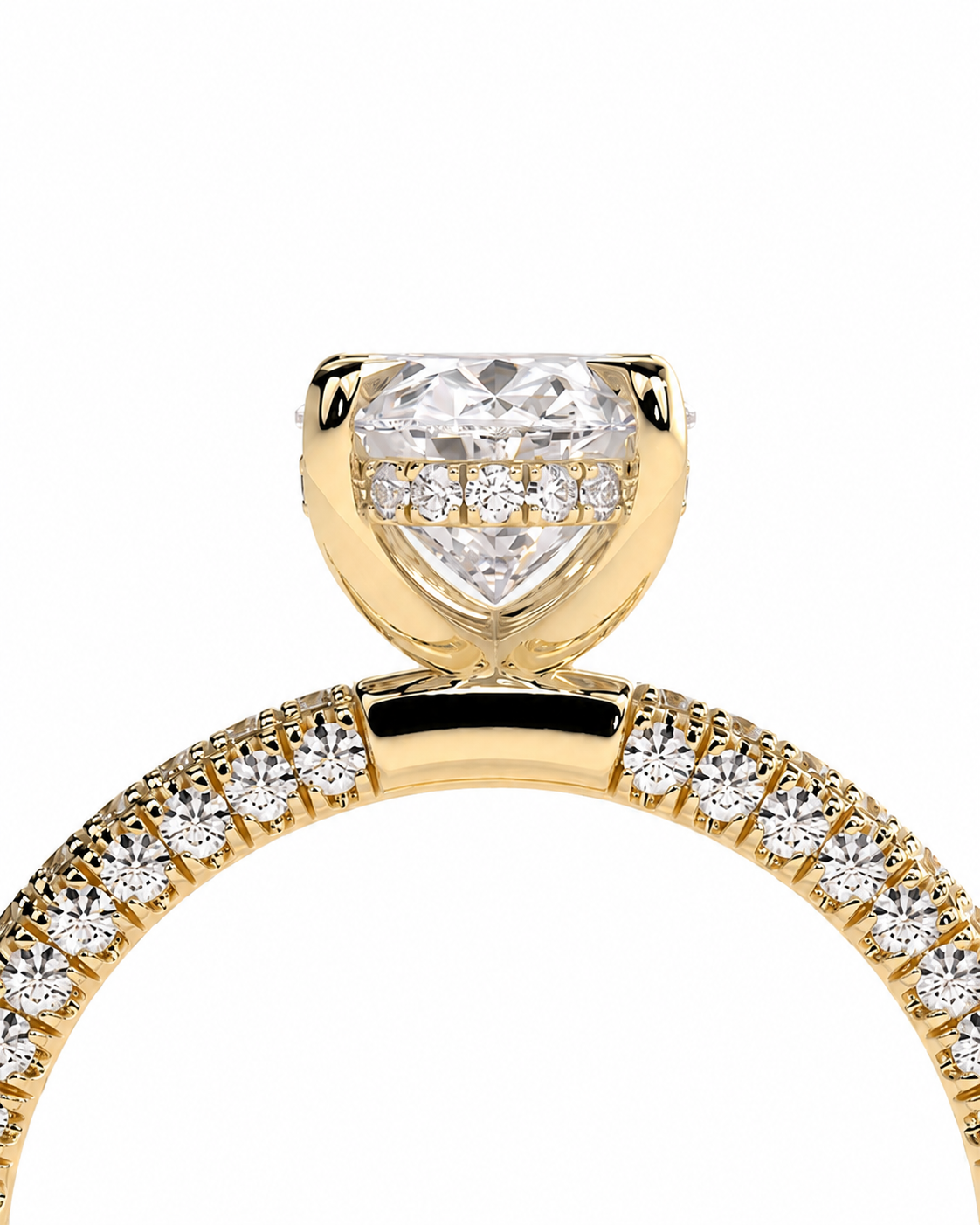 color_10K_YG, color_14K_YG &&	
A close-up of a yellow gold ring featuring a heart-shaped clear center stone and a halo of smaller diamonds, with a pave-set diamond band, shown on a plain white background.