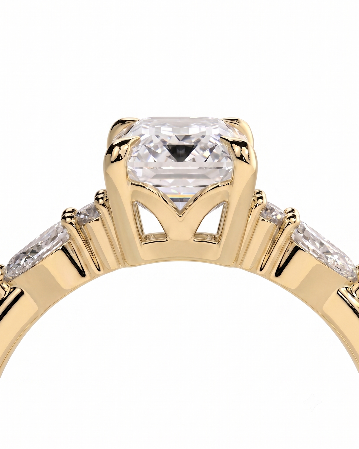 color_10K_YG, color_14K_YG &&A close-up of a yellow gold ring featuring a large cushion-cut clear center stone and smaller marquise-cut side stones on a white background.