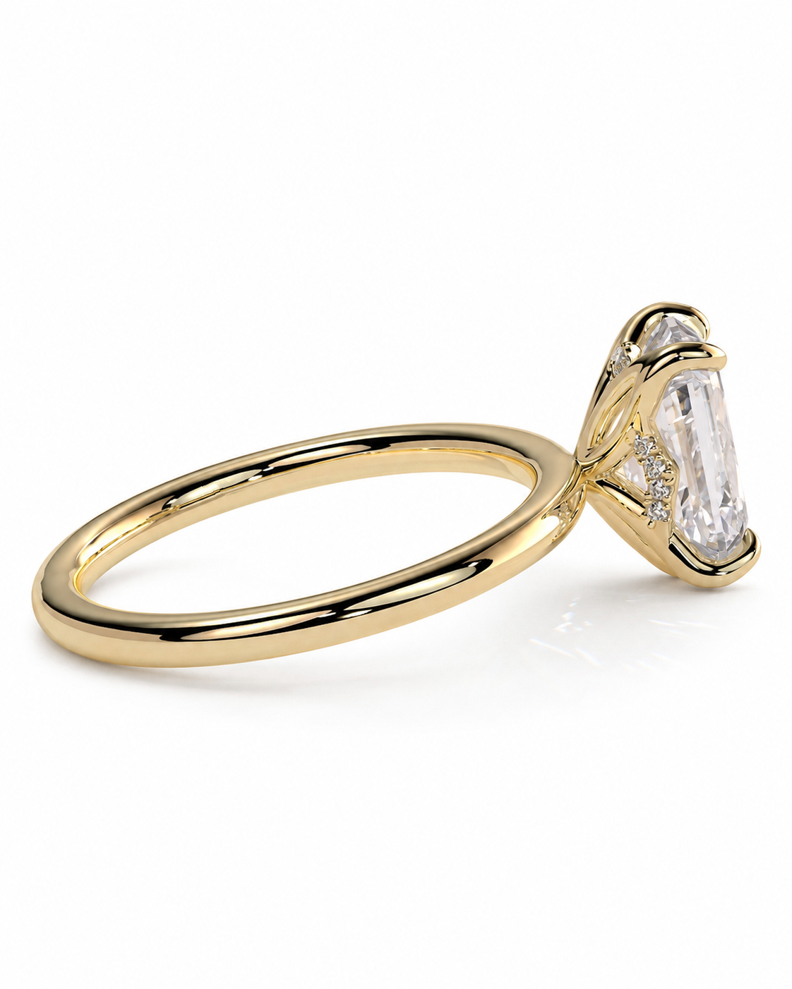 color_10K_YG, color_14K_YG &&
A yellow gold ring featuring a large rectangular emerald-cut clear gemstone in a four-prong setting, with smaller accent diamonds on the shoulders, shown on a clean white background.