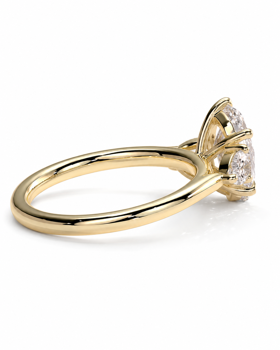 color_10K_YG, color_14K_YG &&A yellow gold ring with a three-stone cluster setting featuring marquise-cut diamonds, shown from a side angle on a clean white background.