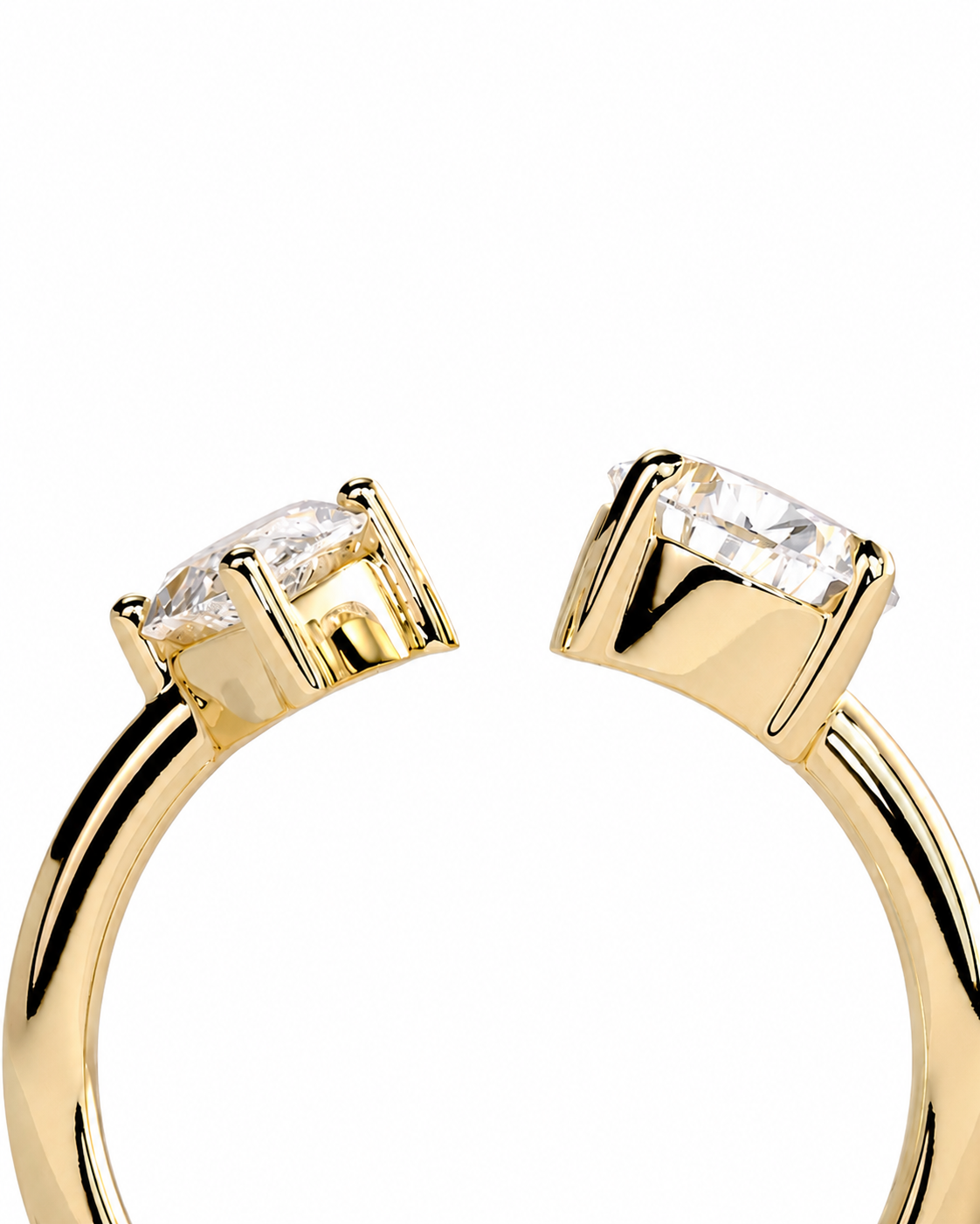 color_10K_YG, color_14K_YG &&A close-up of a yellow gold ring with two rectangular solitaire diamond settings on a plain white background.