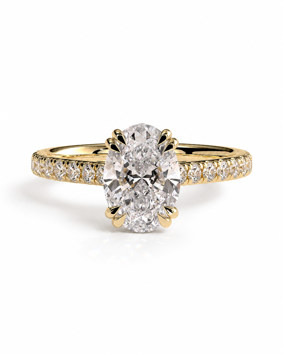 color_10K_YG, color_14K_YG &&A yellow gold engagement ring featuring a large oval-cut center diamond and a pavé band with small round diamonds, set against a clean white background.