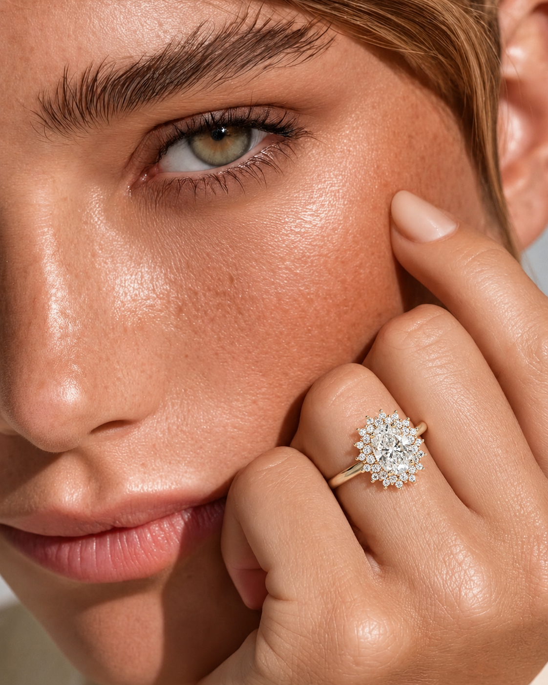 color_10K_YG, color_14K_YG &&A close-up lifestyle shot of a model wearing a gold ring with a round cluster of clear gemstones on her finger, with her face and hand prominently featured.