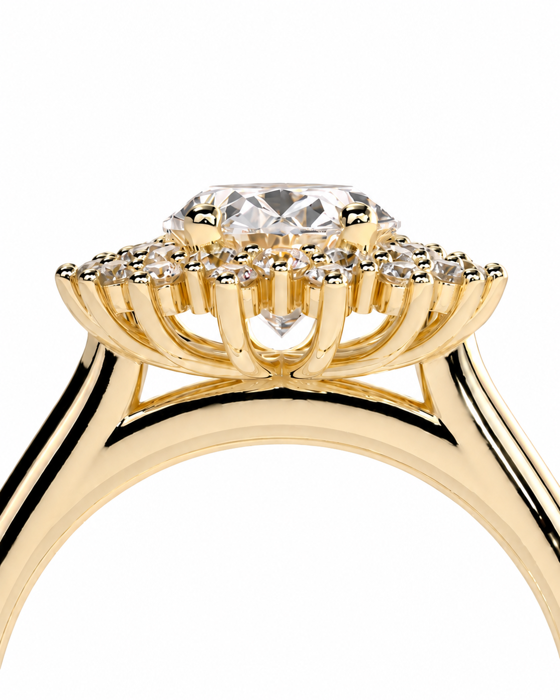 color_10K_YG, color_14K_YG &&A close-up of a yellow gold ring featuring a large round brilliant-cut center stone and a surrounding halo of smaller diamonds, set against a plain white background.