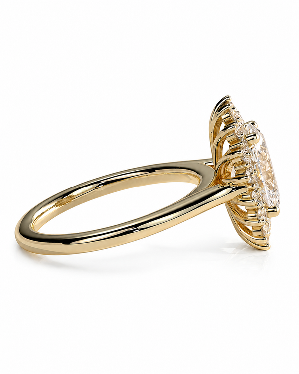 color_10K_YG, color_14K_YG &&A yellow gold ring with a large oval-cut center stone and smaller surrounding stones, shown in a side profile on a clean white background.