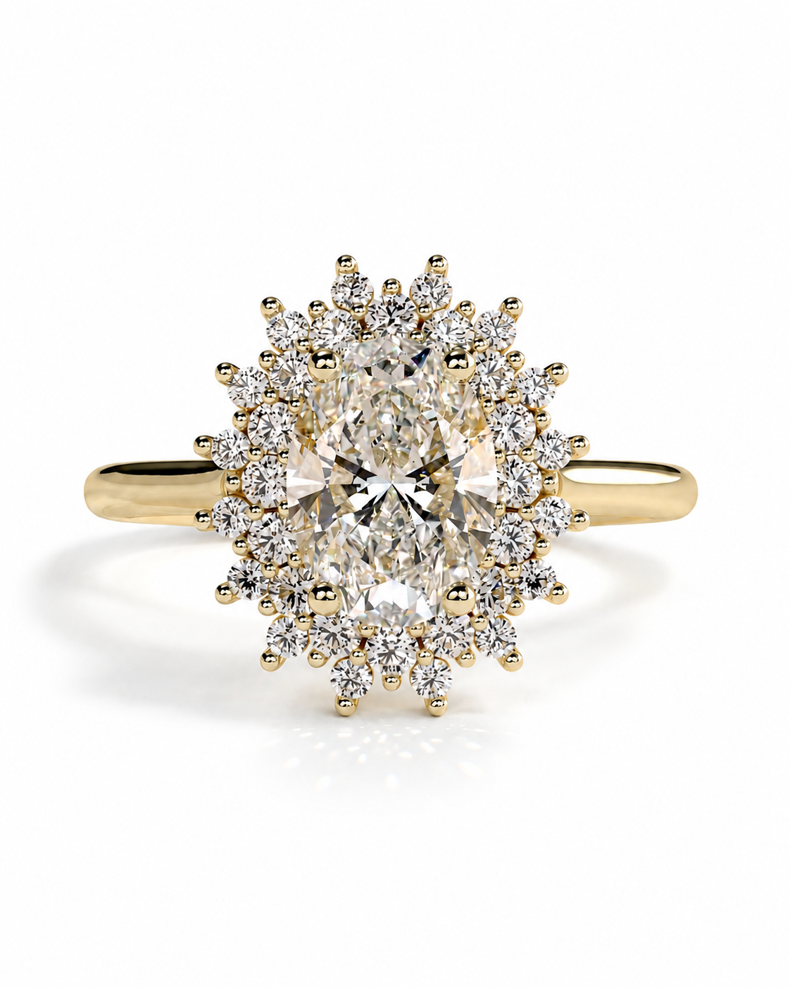 color_10K_YG, color_14K_YG &&A yellow gold ring featuring a large oval center stone surrounded by a halo of smaller round stones, set against a clean white background.