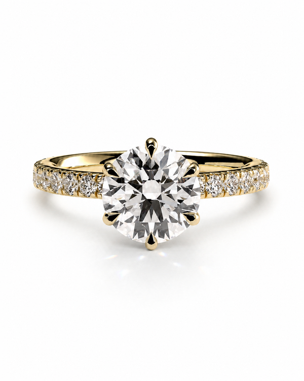 color_10K_YG, color_14K_YG &&A yellow gold solitaire engagement ring with a round brilliant-cut center stone and pavé-set accent diamonds along the shoulders, shown on a clean white background.
