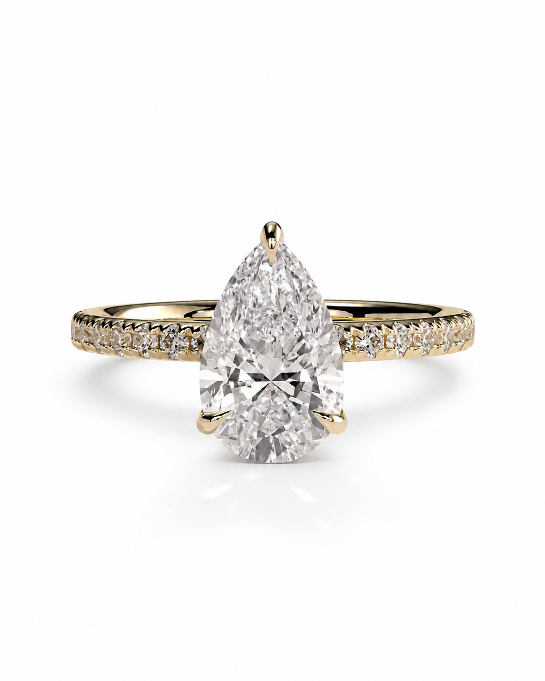 color_10K_YG, color_14K_YG &&A pear-cut diamond engagement ring with a yellow gold band accented by small pavé diamonds, shown on a clean white background.