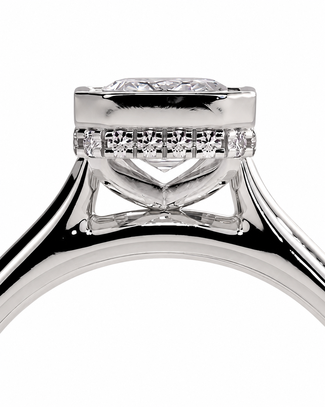 color_925_SIL,color_935_ARG,color_10K_WG, color_14K_WG &&
Close-up of a silver-toned ring setting with a rectangular center stone and small pave stones along the band, shown on a plain white background.