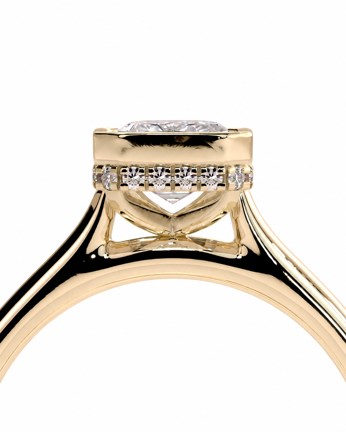 color_10K_YG, color_14K_YG &&
A close-up of a yellow gold ring setting featuring a round center stone and a row of small clear accent stones, shown against a plain white background.
