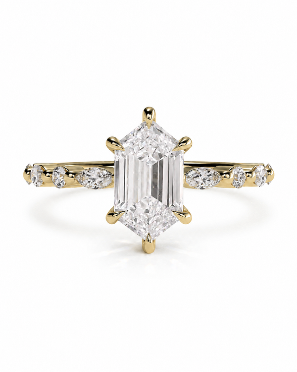 color_10K_YG, color_14K_YG &&A yellow gold ring featuring a large emerald-cut diamond center stone and smaller round diamonds along a split shank, set against a plain white background.