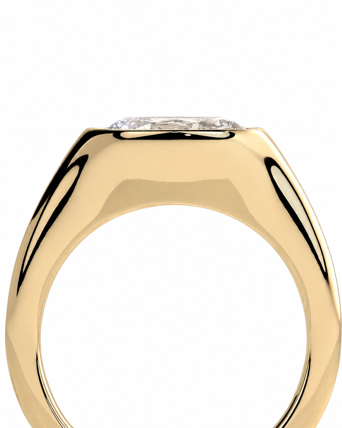 color_10K_YG, color_14K_YG &&Close-up of a polished yellow gold ring with a clear rectangular gemstone on a plain white background.