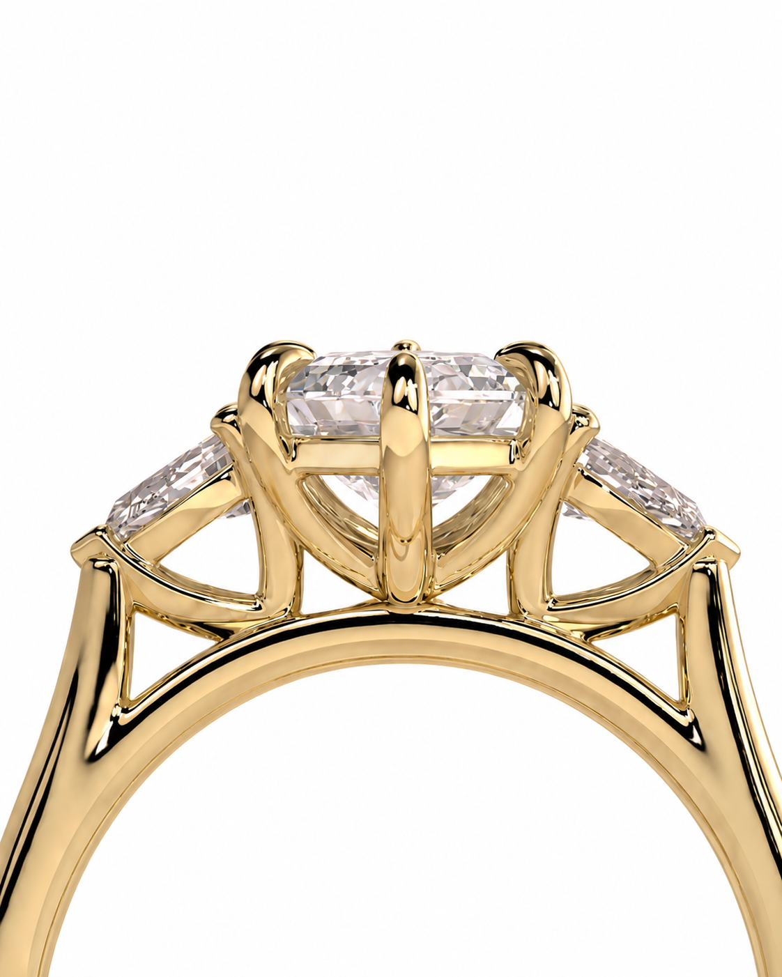 color_10K_YG, color_14K_YG &&A close-up of a yellow gold ring setting with a large rectangular center stone and three smaller side stones, shown against a plain white background.