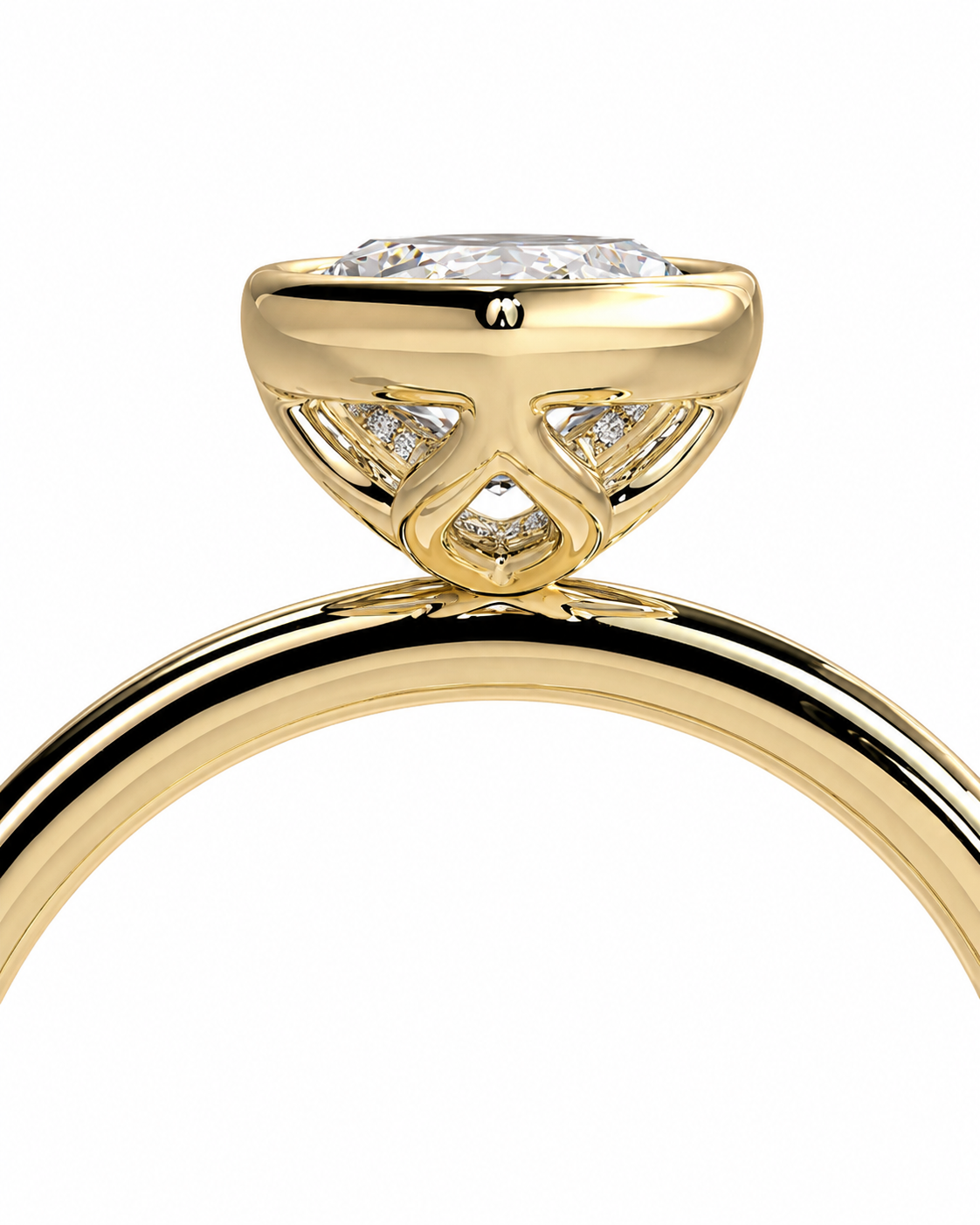 color_10K_YG, color_14K_YG &&A close-up of a yellow gold ring featuring a round brilliant-cut diamond center stone and smaller diamonds set in a decorative crown, shown on a plain white background.