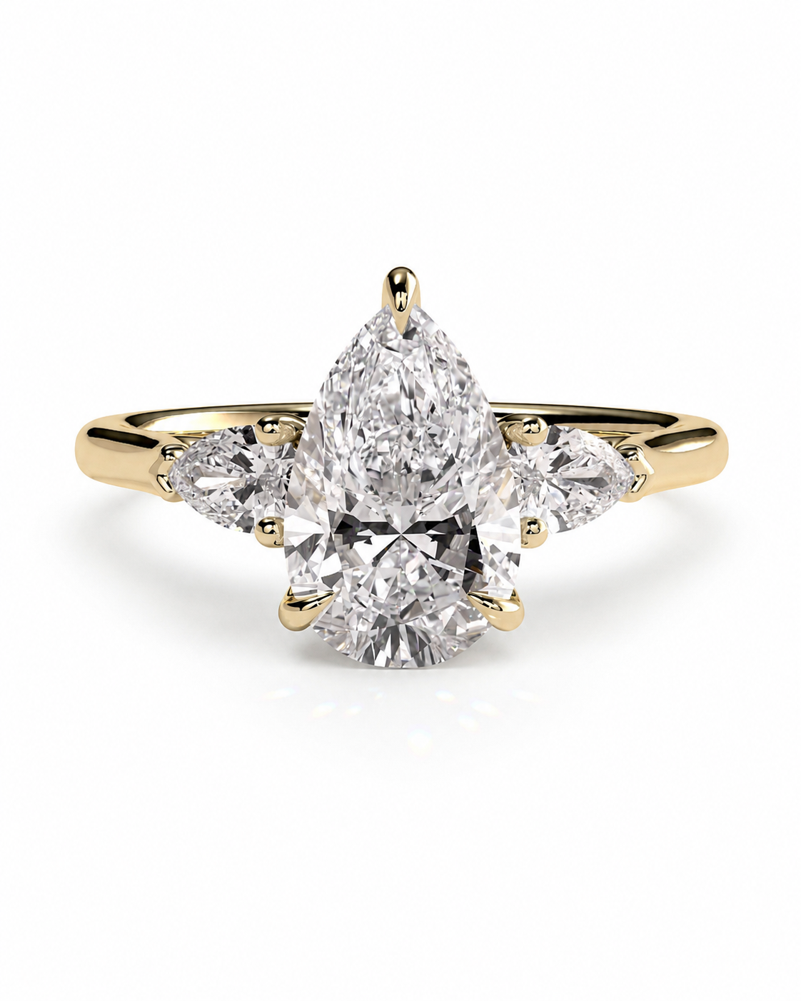 color_10K_YG, color_14K_YG &&A yellow gold ring featuring a pear-cut diamond center stone with marquise-cut side stones, shown on a clean white background.
