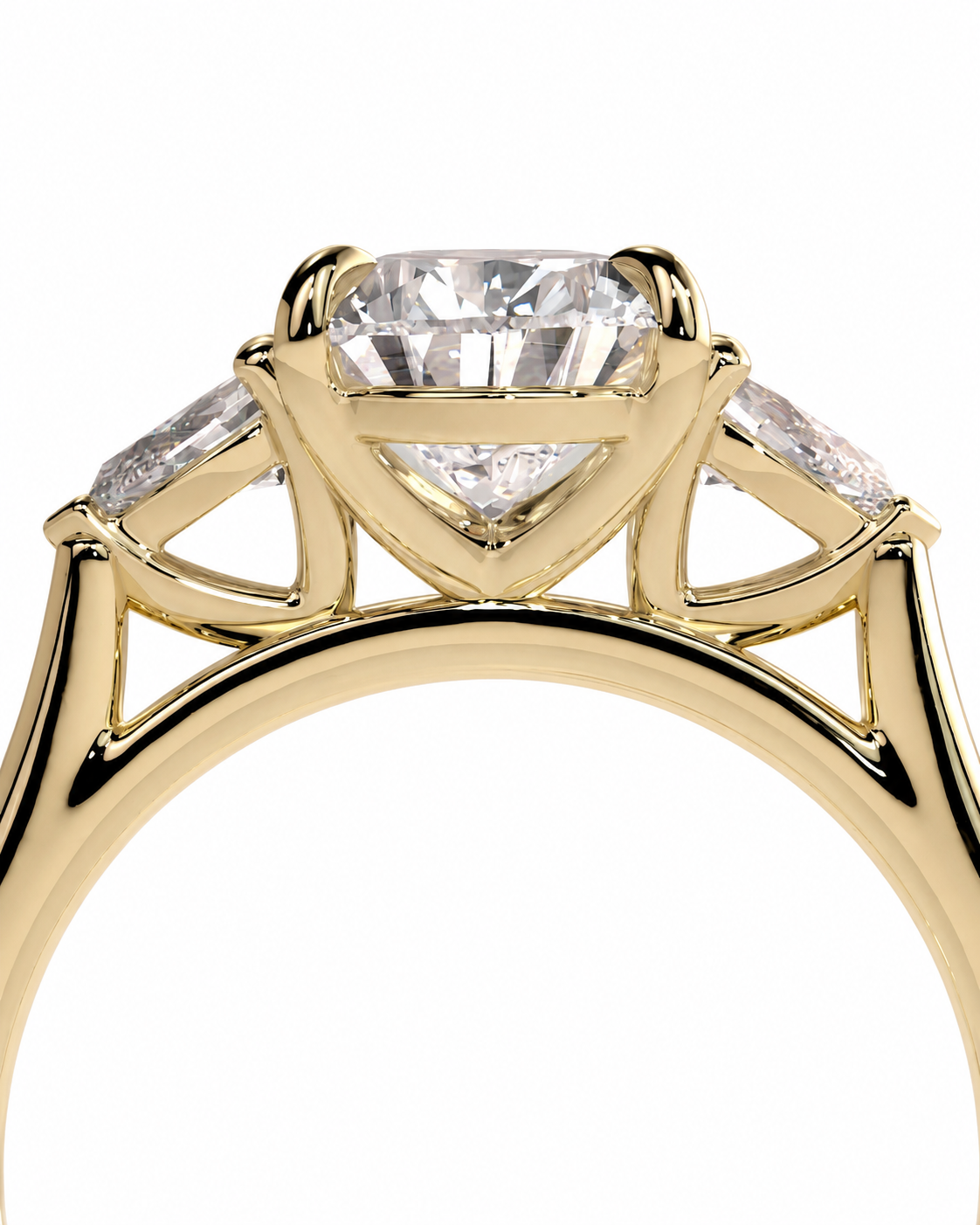 color_10K_YG, color_14K_YG &&A close-up of a yellow gold ring featuring a large round brilliant-cut center stone and two smaller round side stones, set against a plain white background.