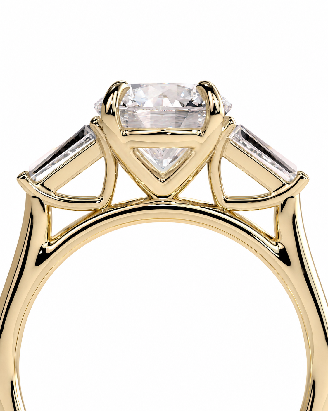 color_10K_YG, color_14K_YG &&A close-up of a yellow gold solitaire ring featuring a large rectangular clear center stone and three smaller baguette side stones, shown against a plain white background.