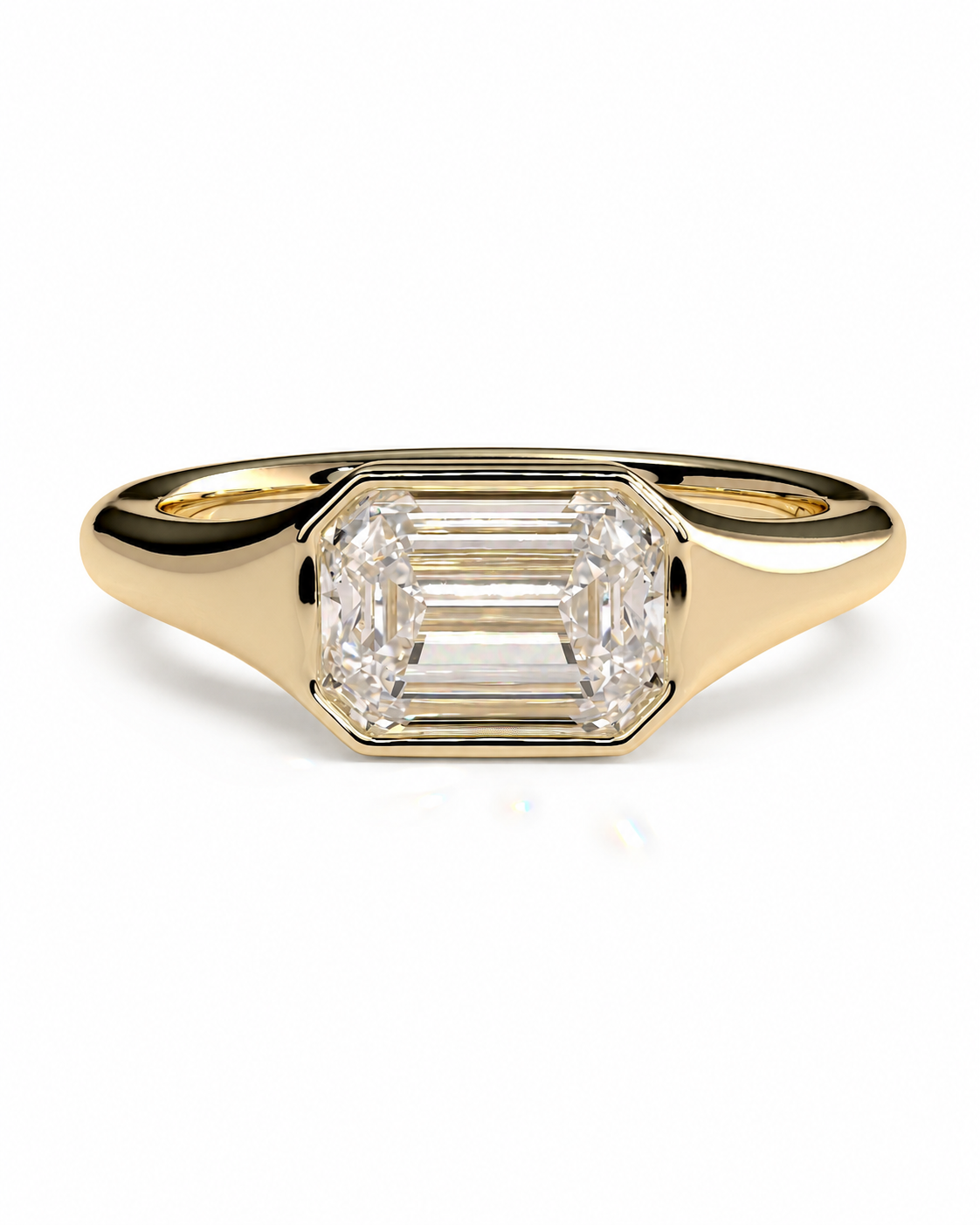 color_10K_YG, color_14K_YG &&A yellow gold ring featuring a large emerald-cut diamond center stone in an octagonal bezel setting, shown on a clean white background.