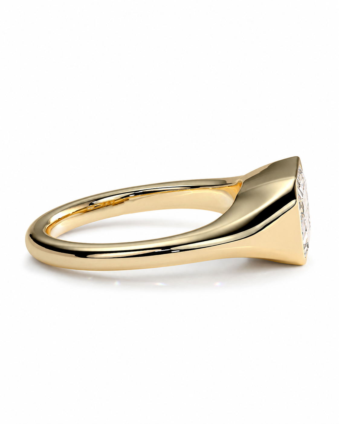 color_10K_YG, color_14K_YG &&A polished yellow gold signet ring with a triangular face set with small clear stones, shown from a side profile on a white background.