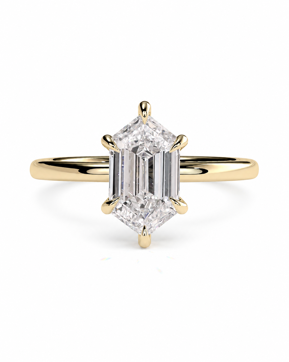 color_10K_YG, color_14K_YG &&A yellow gold ring featuring a large emerald-cut diamond center stone with baguette-cut side stones, set in a four-prong setting on a polished band, shown against a plain white background.
