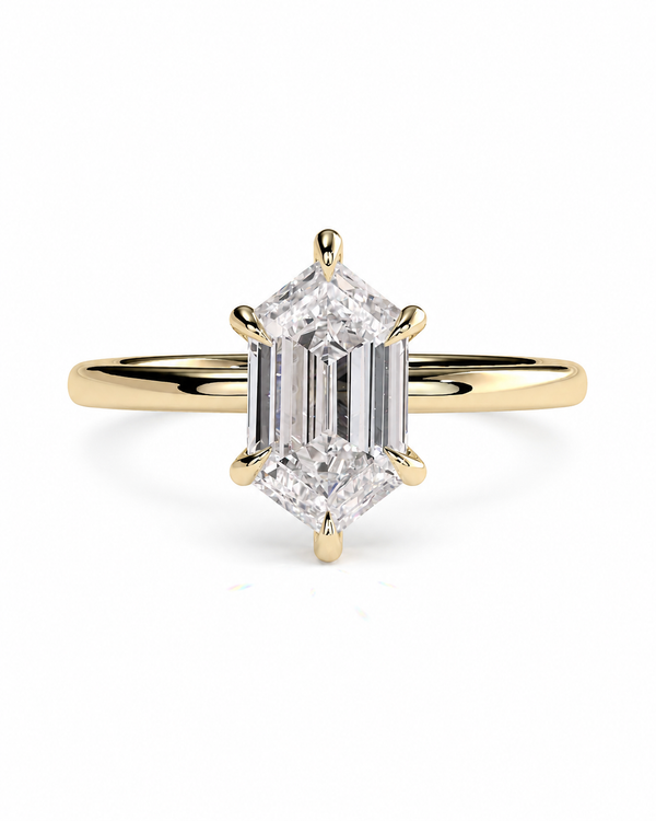 color_10K_YG, color_14K_YG &&A yellow gold ring featuring a large emerald-cut diamond center stone with baguette-cut side stones, set in a four-prong setting on a polished band, shown against a plain white background.