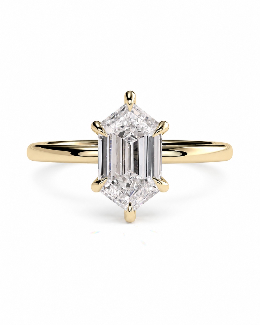 color_10K_YG, color_14K_YG &&A yellow gold ring featuring a large emerald-cut diamond center stone with baguette-cut side stones, set in a four-prong setting on a polished band, shown against a plain white background.