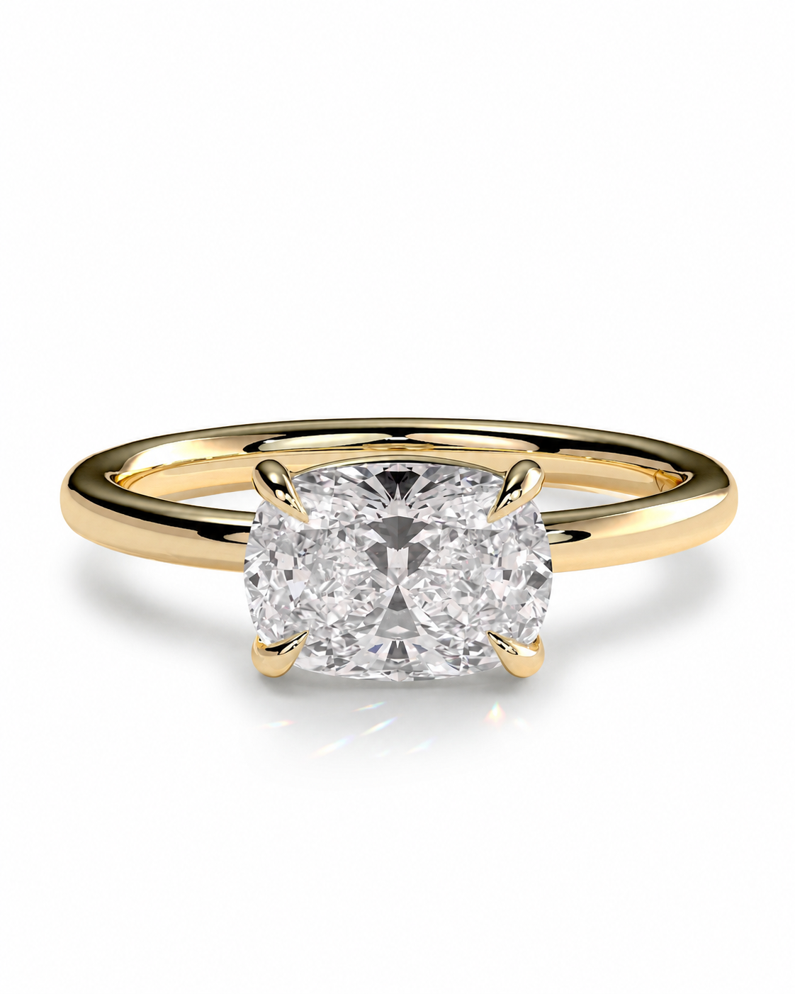 color_10K_YG, color_14K_YG &&
A yellow gold solitaire engagement ring featuring a cushion-cut diamond center stone in a four-prong setting, shown on a clean white background.