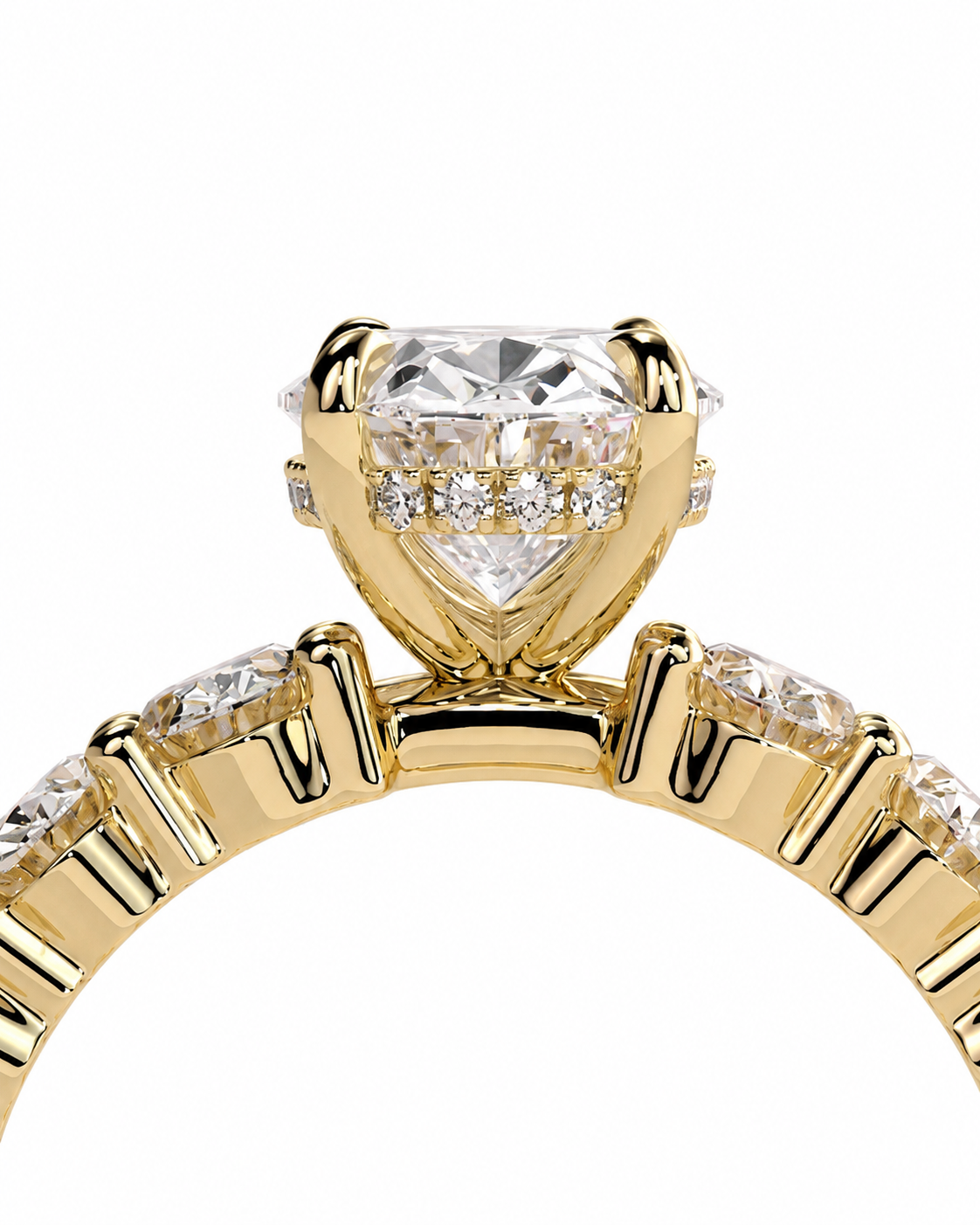 color_10K_YG, color_14K_YG &&A close-up of a yellow gold ring featuring a large heart-shaped clear gemstone in a prong setting, with smaller accent stones along the band, shown against a plain white background.