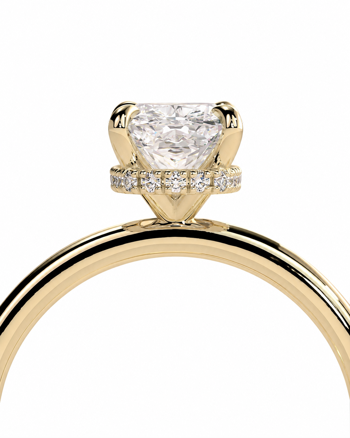 color_10K_YG, color_14K_YG &&A close-up of a yellow gold engagement ring featuring a large cushion-cut diamond center stone and a halo of small round diamonds, set against a plain white background.