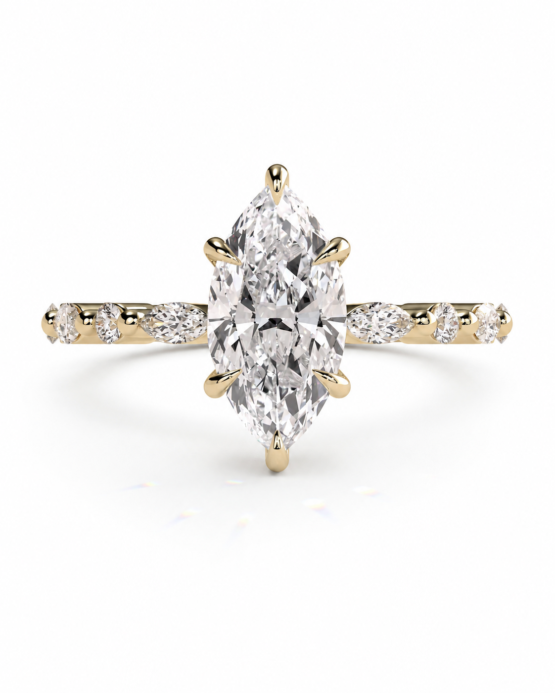 color_10K_YG, color_14K_YG &&A yellow gold ring featuring a large marquise-cut diamond center stone with a diamond-encrusted shank, shown on a clean white background.