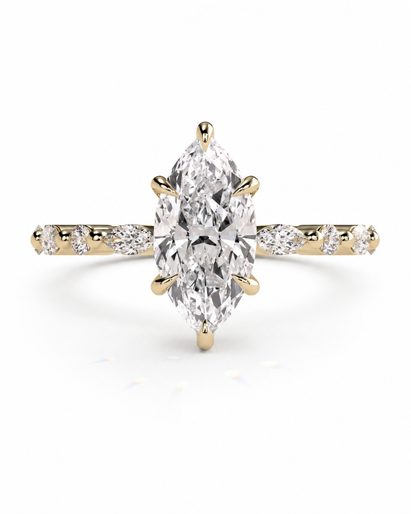 color_10K_YG, color_14K_YG &&A yellow gold ring featuring a large marquise-cut diamond center stone with a diamond-encrusted shank, shown on a clean white background.