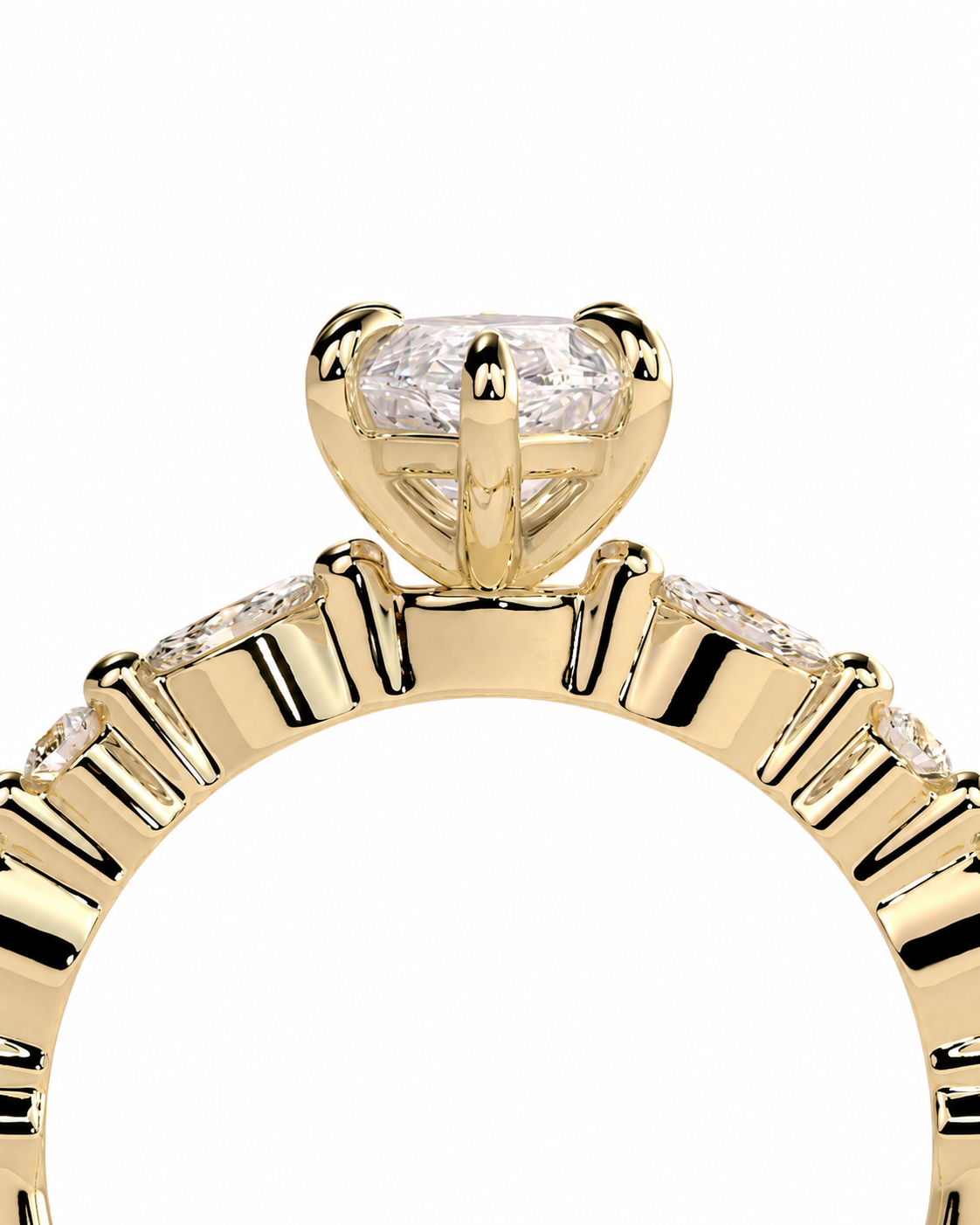 color_10K_YG, color_14K_YG &&Close-up of a yellow gold ring setting with a round brilliant-cut diamond center stone and smaller diamonds along the band, shown on a plain white background.