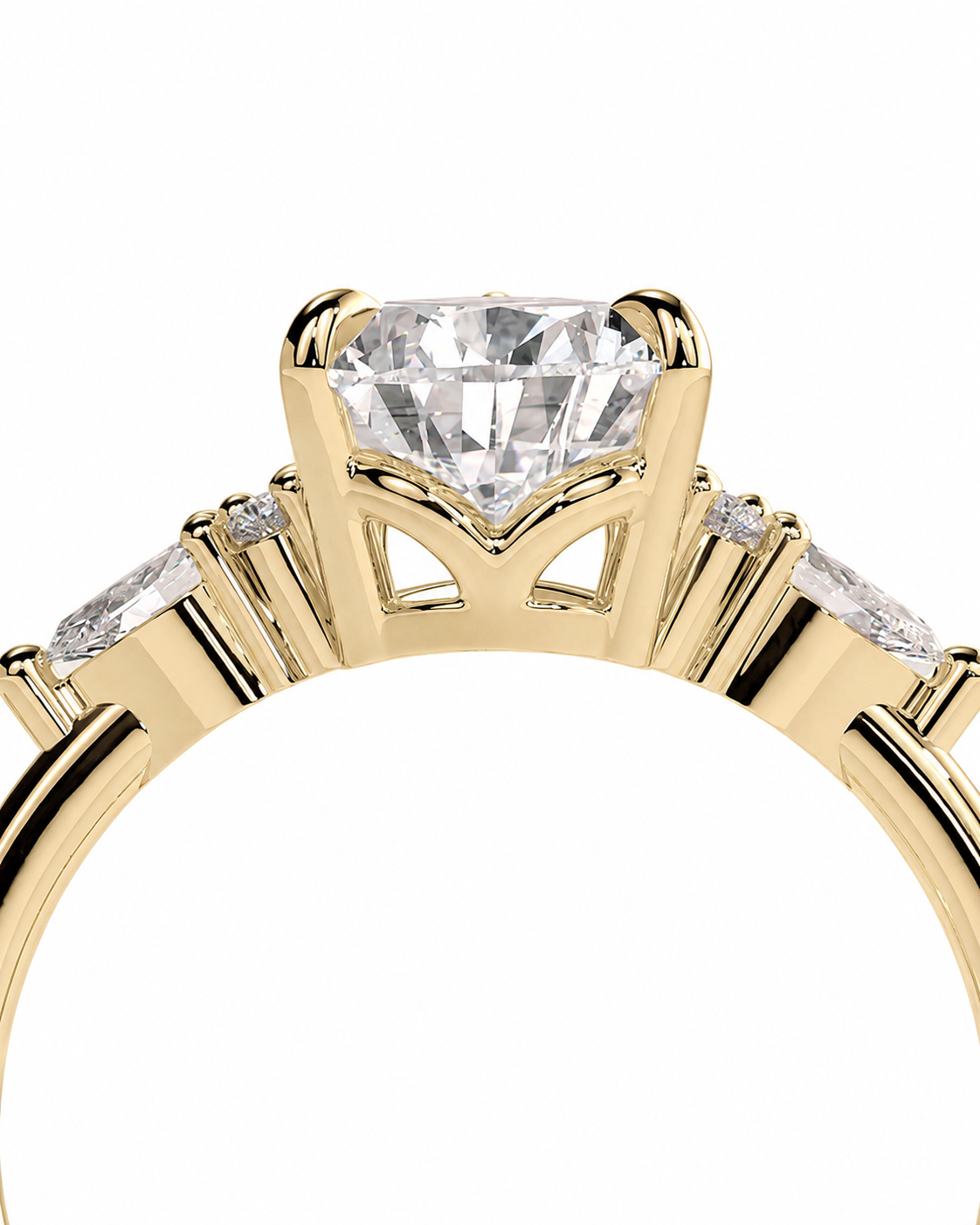 color_10K_YG, color_14K_YG &&A close-up of a yellow gold ring featuring a large square-cut clear center stone and smaller side stones, shown on a plain white background.