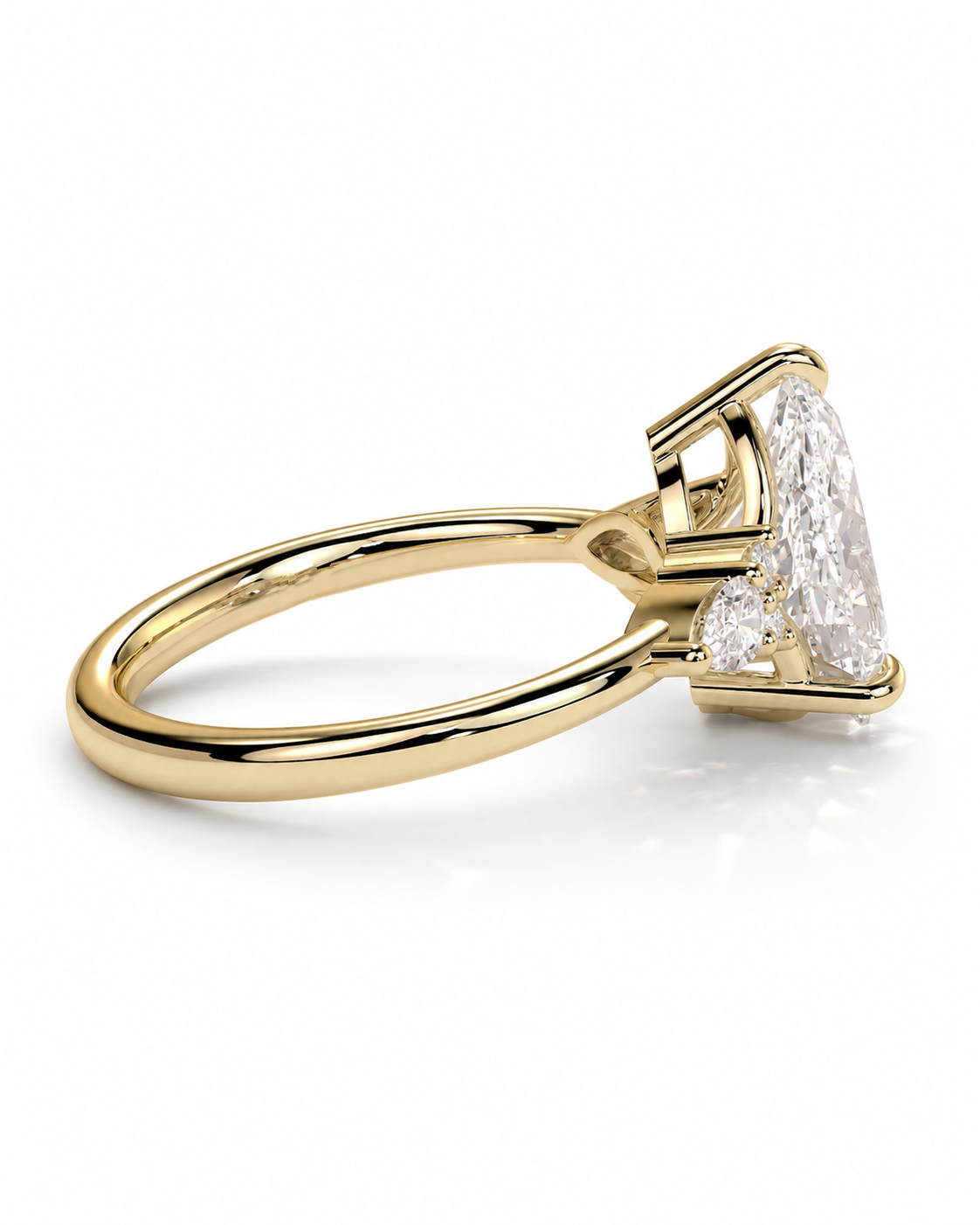 color_10K_YG, color_14K_YG &&A yellow gold solitaire engagement ring featuring a large marquise-cut diamond and a smaller round diamond accent, set on a polished gold band against a clean white background.
