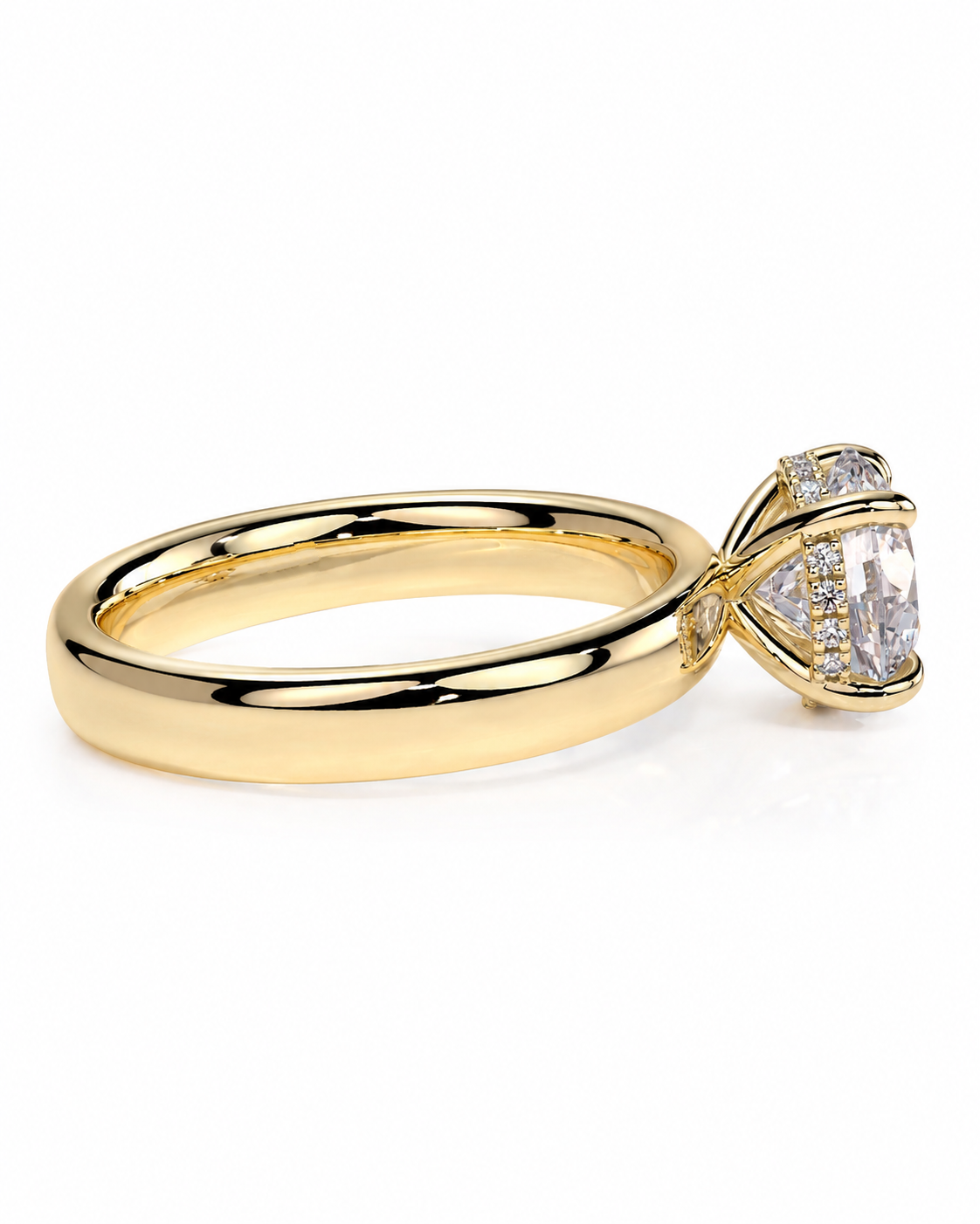 color_10K_YG, color_14K_YG &&A yellow gold ring with a triangular clear gemstone in a prong setting, accented with small round stones along the band, shown on a white background.
