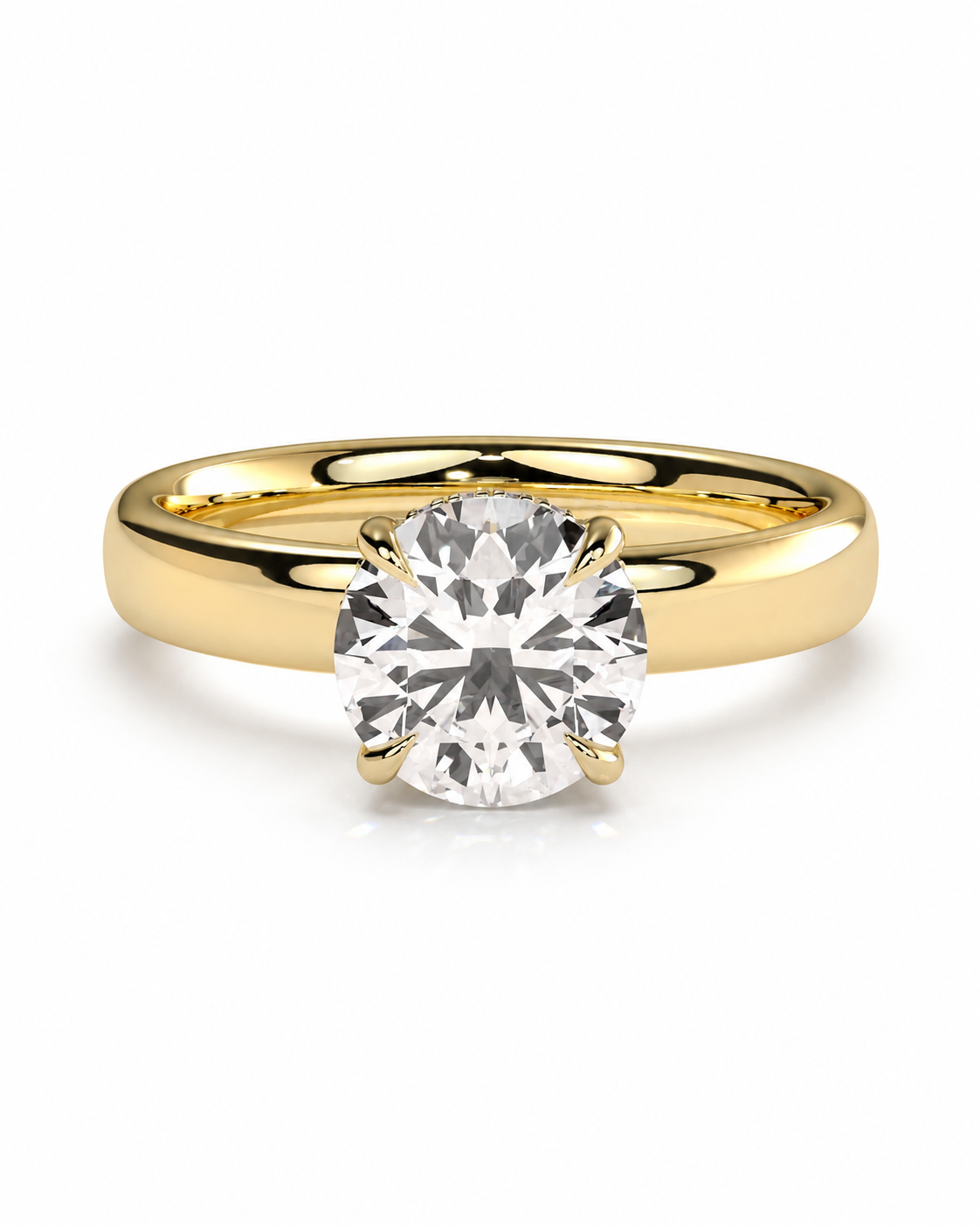 color_10K_YG, color_14K_YG &&A classic solitaire engagement ring featuring a round brilliant-cut diamond set in a polished yellow gold four-prong setting, on a clean white background.