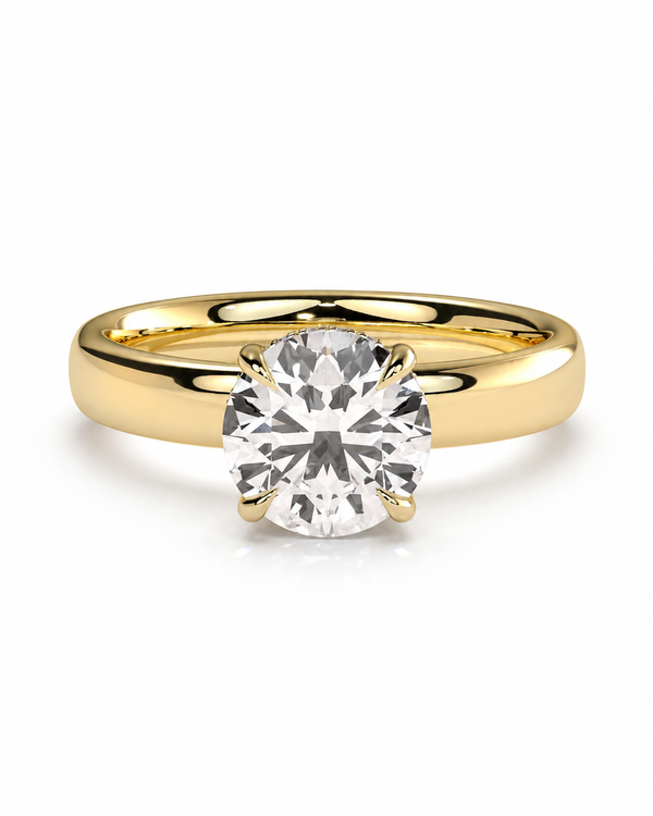 color_10K_YG, color_14K_YG &&A classic solitaire engagement ring featuring a round brilliant-cut diamond set in a polished yellow gold four-prong setting, on a clean white background.