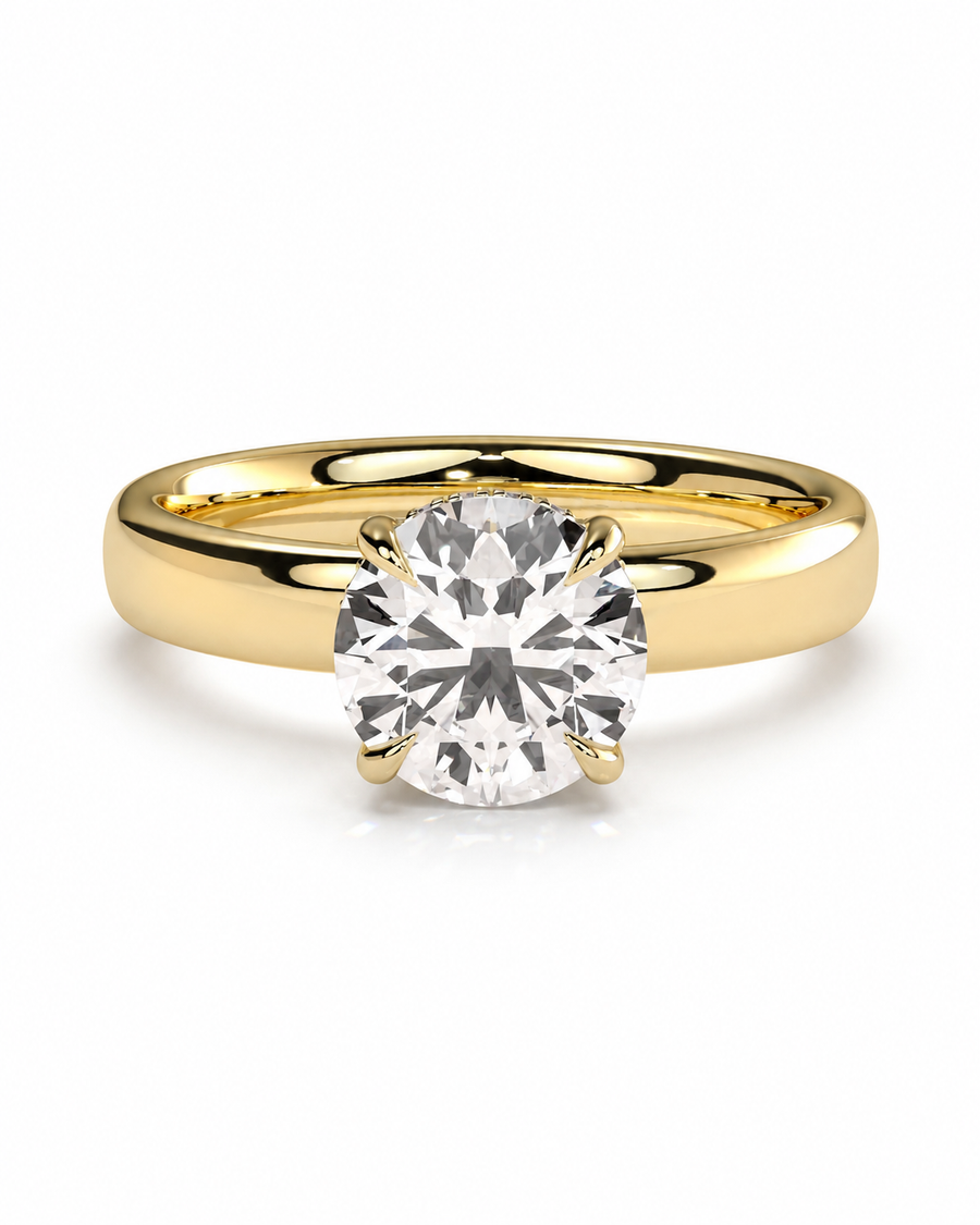 color_10K_YG, color_14K_YG &&A classic solitaire engagement ring featuring a round brilliant-cut diamond set in a polished yellow gold four-prong setting, on a clean white background.