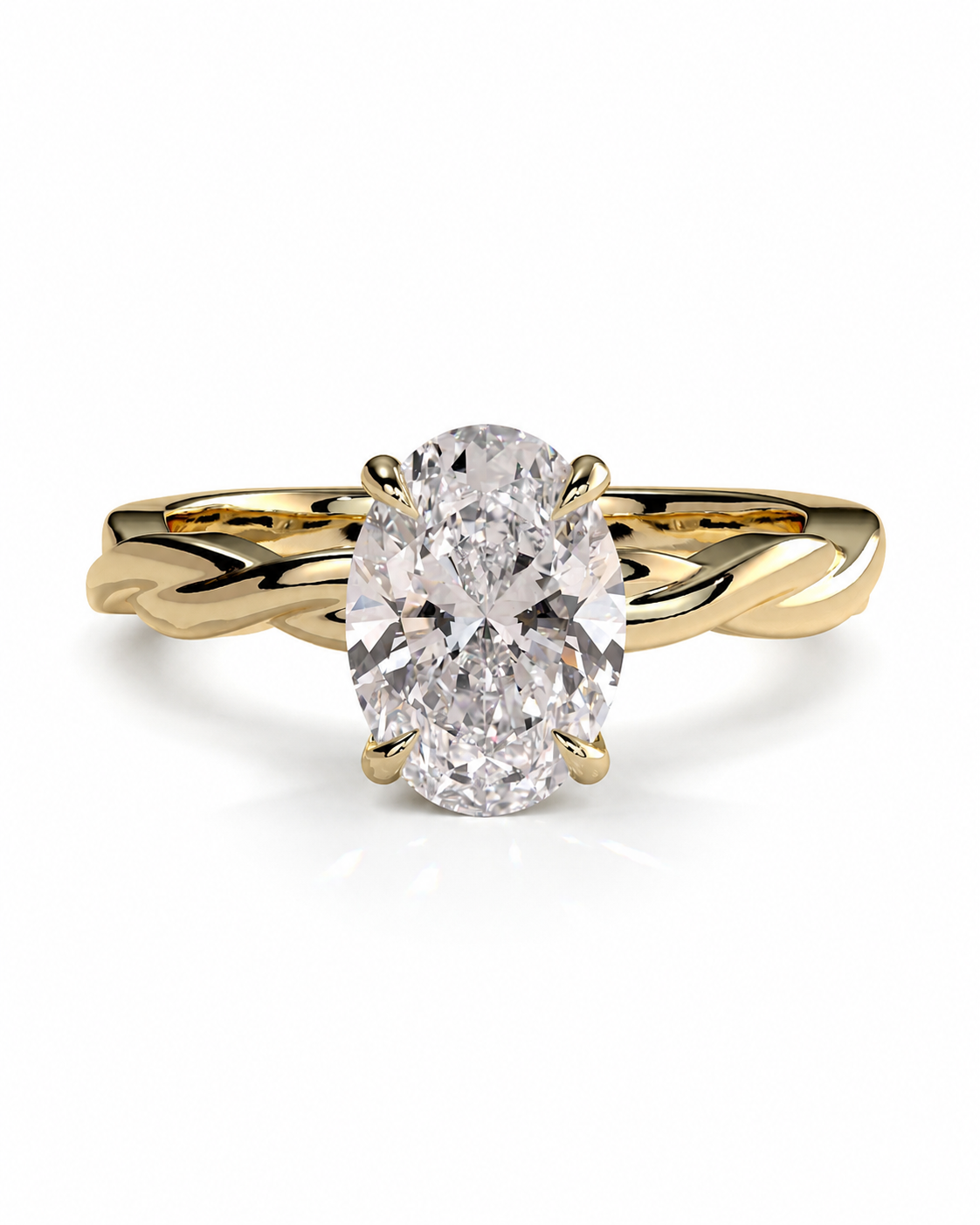 color_10K_YG, color_14K_YG &&
An oval-cut diamond engagement ring with a twisted yellow gold band, shown on a clean white background.