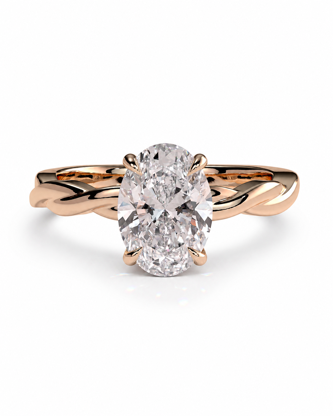 color_10K_RG, color_14K_RG &&
A rose gold engagement ring featuring a large oval-cut diamond set in a twisted band design, shown on a clean white background.