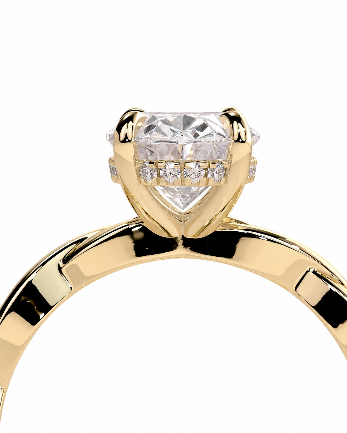 color_10K_YG, color_14K_YG &&
A close-up of a yellow gold ring featuring a large heart-shaped clear gemstone in a prong setting, with smaller diamonds along the band, shown against a plain white background.