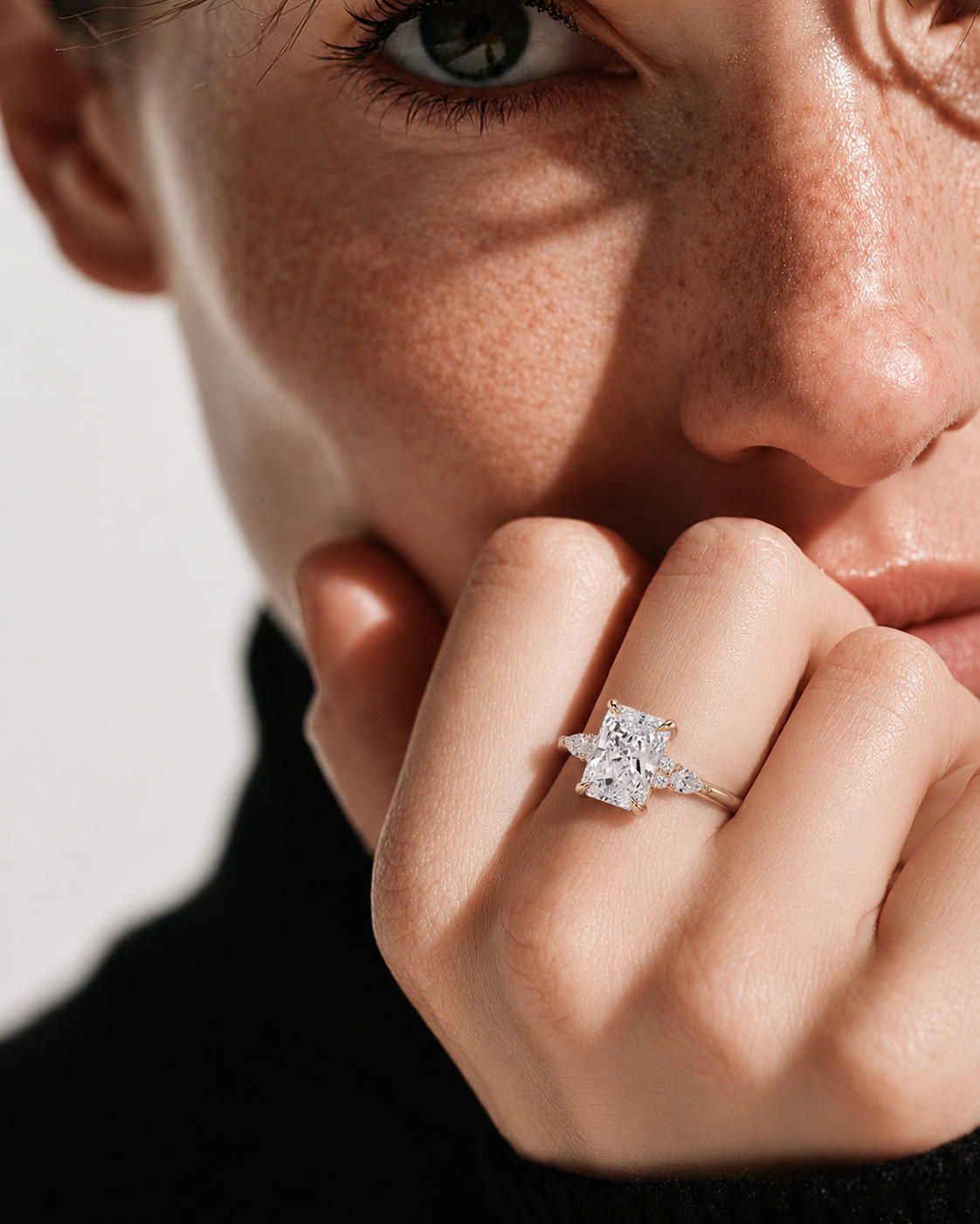 color_10K_YG, color_14K_YG &&A close-up lifestyle shot of a model wearing a silver-toned ring with a large, multi-stone baguette-cut center stone on her finger, set against a bright, softly shadowed background.
